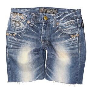 Red Pepper Denim Shorts Womens 30 Blue Good Cross Embroidered Y2K Cut Off